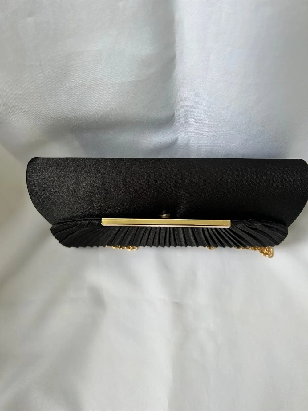 Black Pleated Evening Clutch with Gold Chain